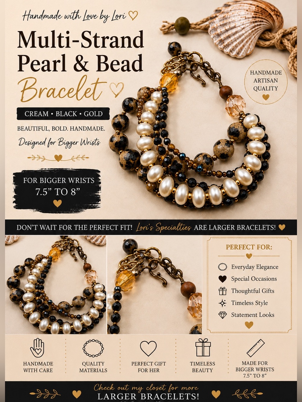 Multi-Strand Pearl and Bead Bracelet in Cream, Black & Gold for Bigger Wrists 💋